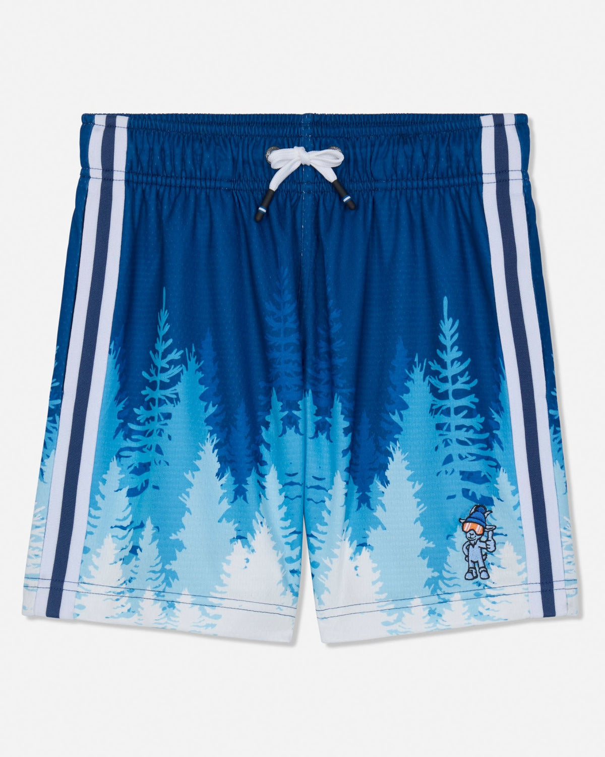 Blue athletic shorts with a light blue and white pine tree gradient print, featuring white side stripes, a white drawstring, and a small cartoon skier graphic near the lower right leg.