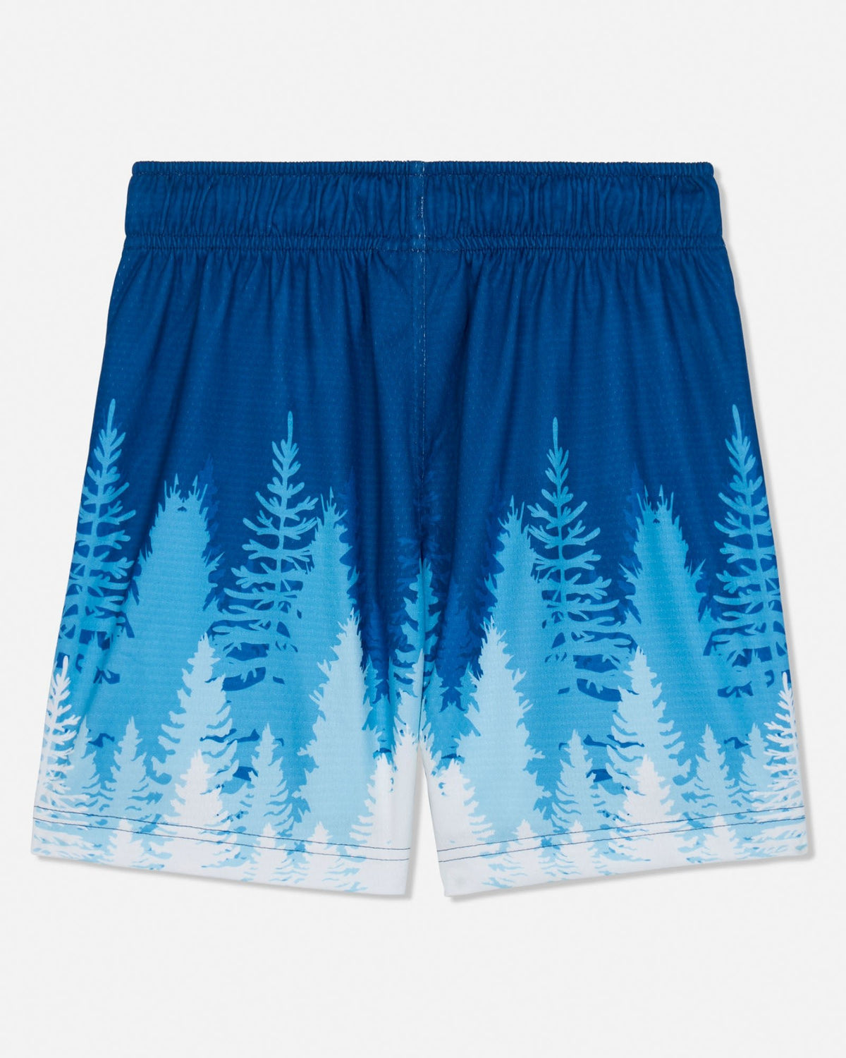 Blue athletic shorts featuring a gradient pine tree forest pattern in shades of light and medium blue, fading to white at the hem, shown against a light gray background.
