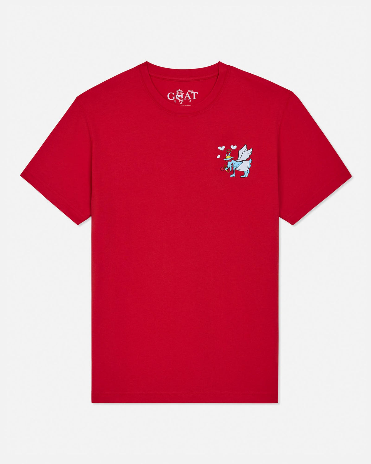 Red t-shirt with a small graphic on the chest against a white background