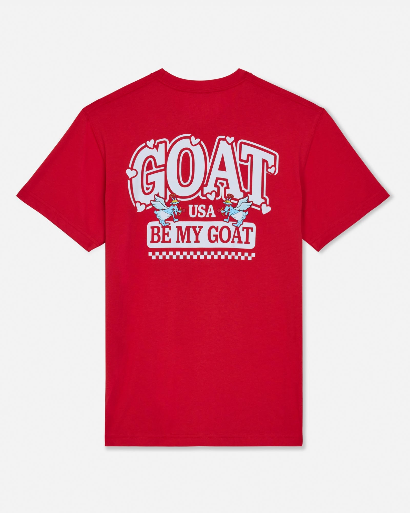 Red t-shirt with white graphic text on a white background