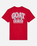Red t-shirt with white graphic text on a white background