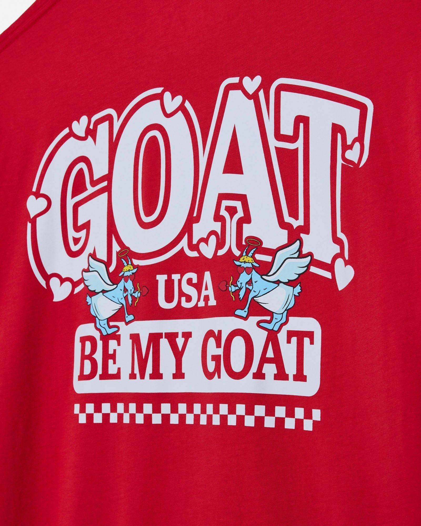 Red shirt with white graphic text and cartoon characters on a red background