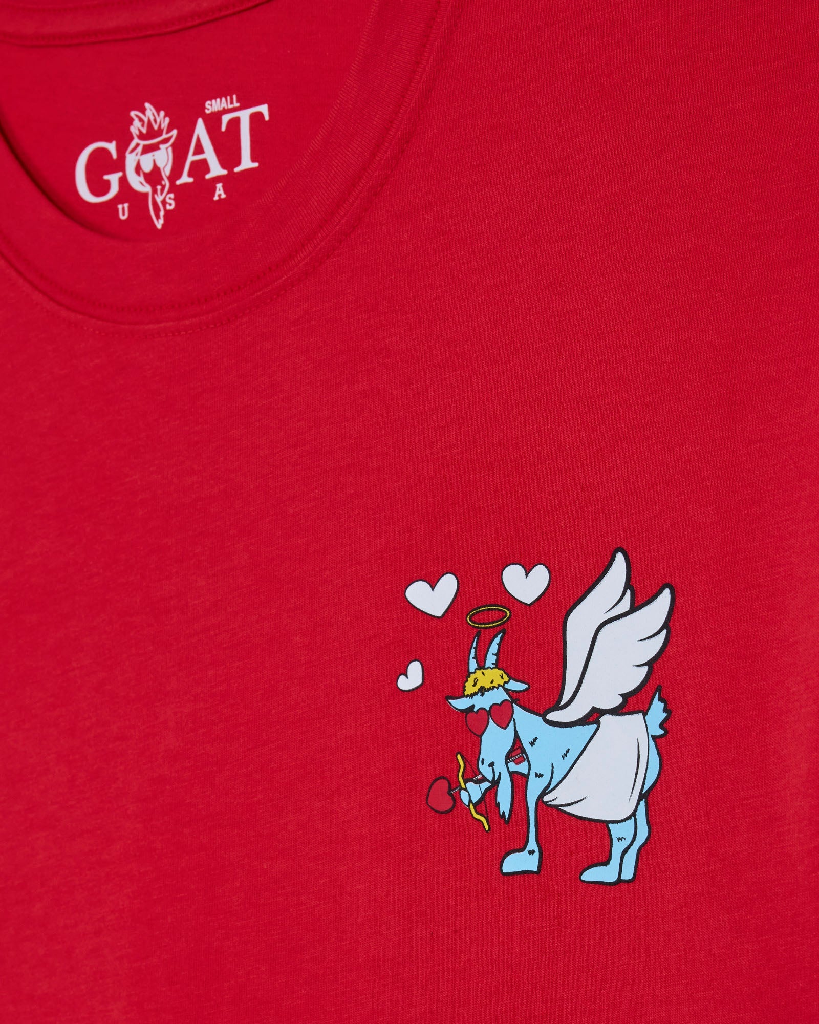 Red t-shirt with cartoon angel design and 'Small GOAT USA' logo.