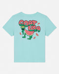 Light green t-shirt with a colorful graphic design on a white background