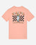Peach t-shirt with graphic design and text on a light gray background