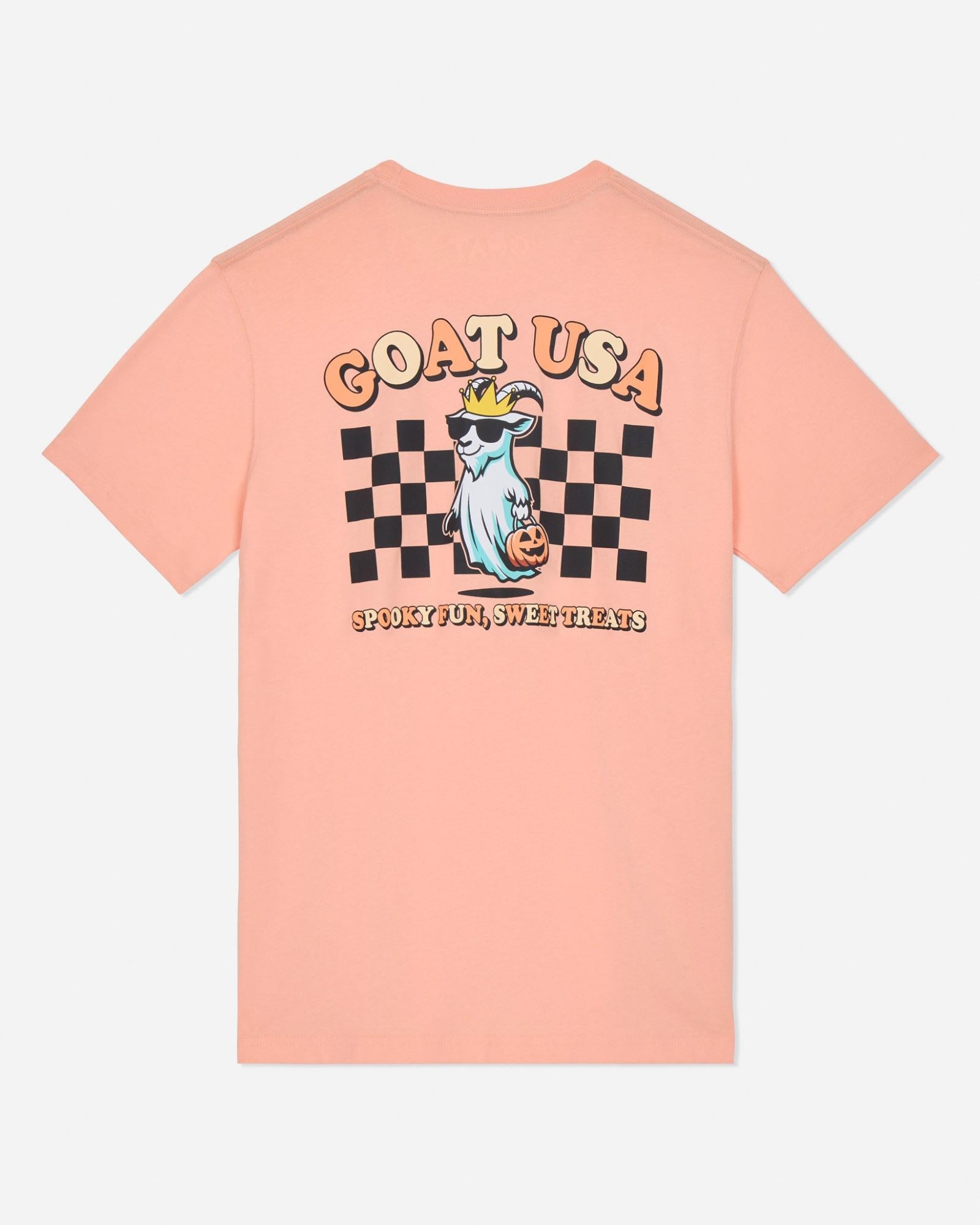 Peach t-shirt with graphic design and text on a light gray background