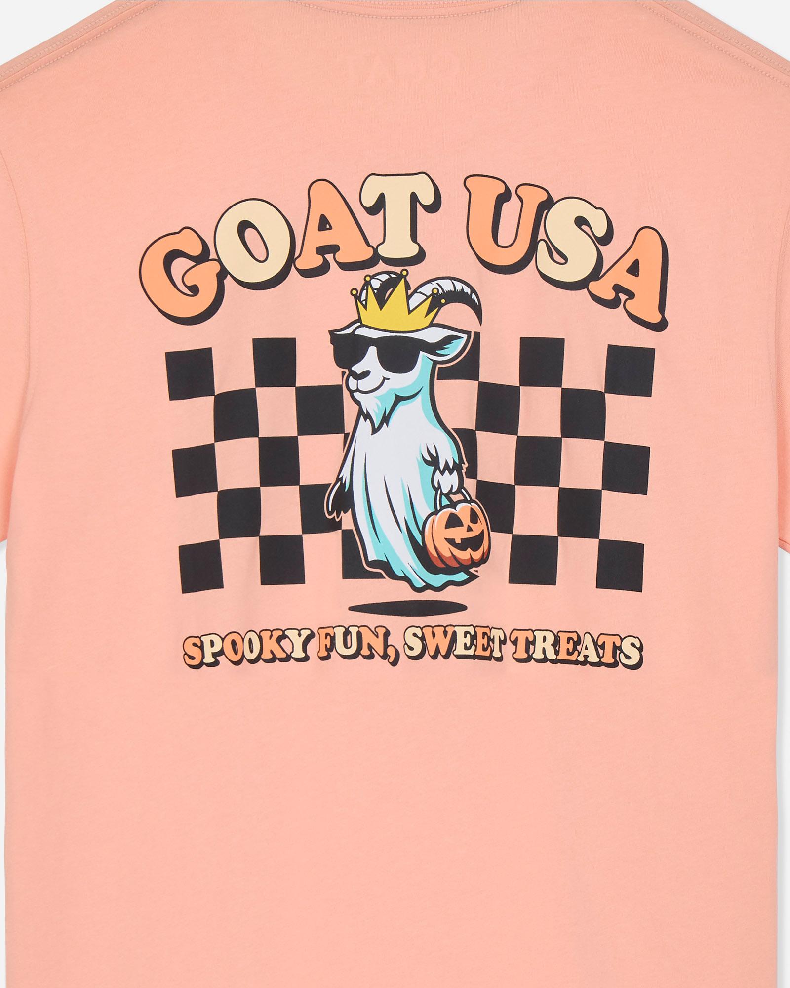 Peach t-shirt with a goat graphic and text on a checkered background