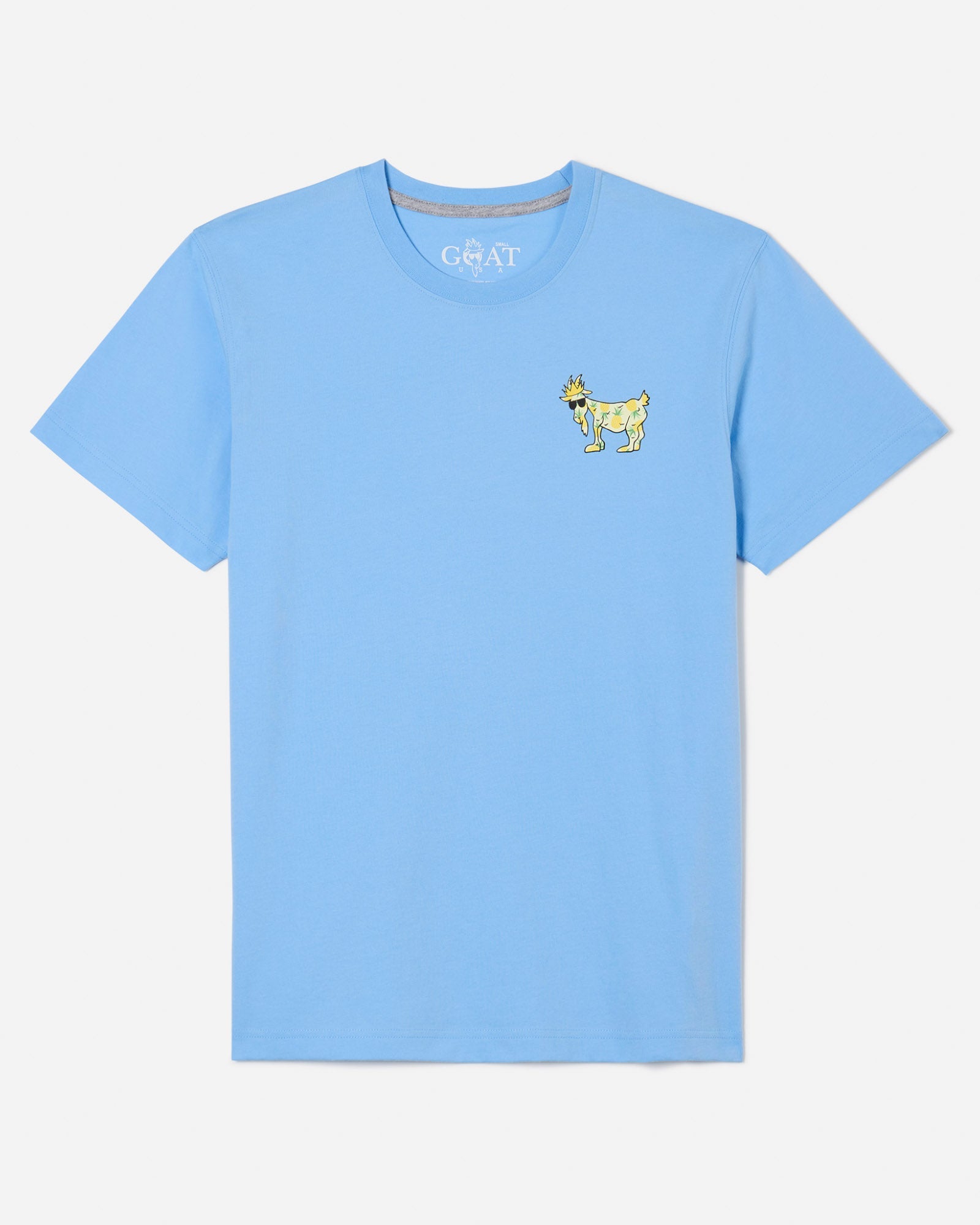 Front of carolina blue t-shirt with pineapple GOAT left-chest logo