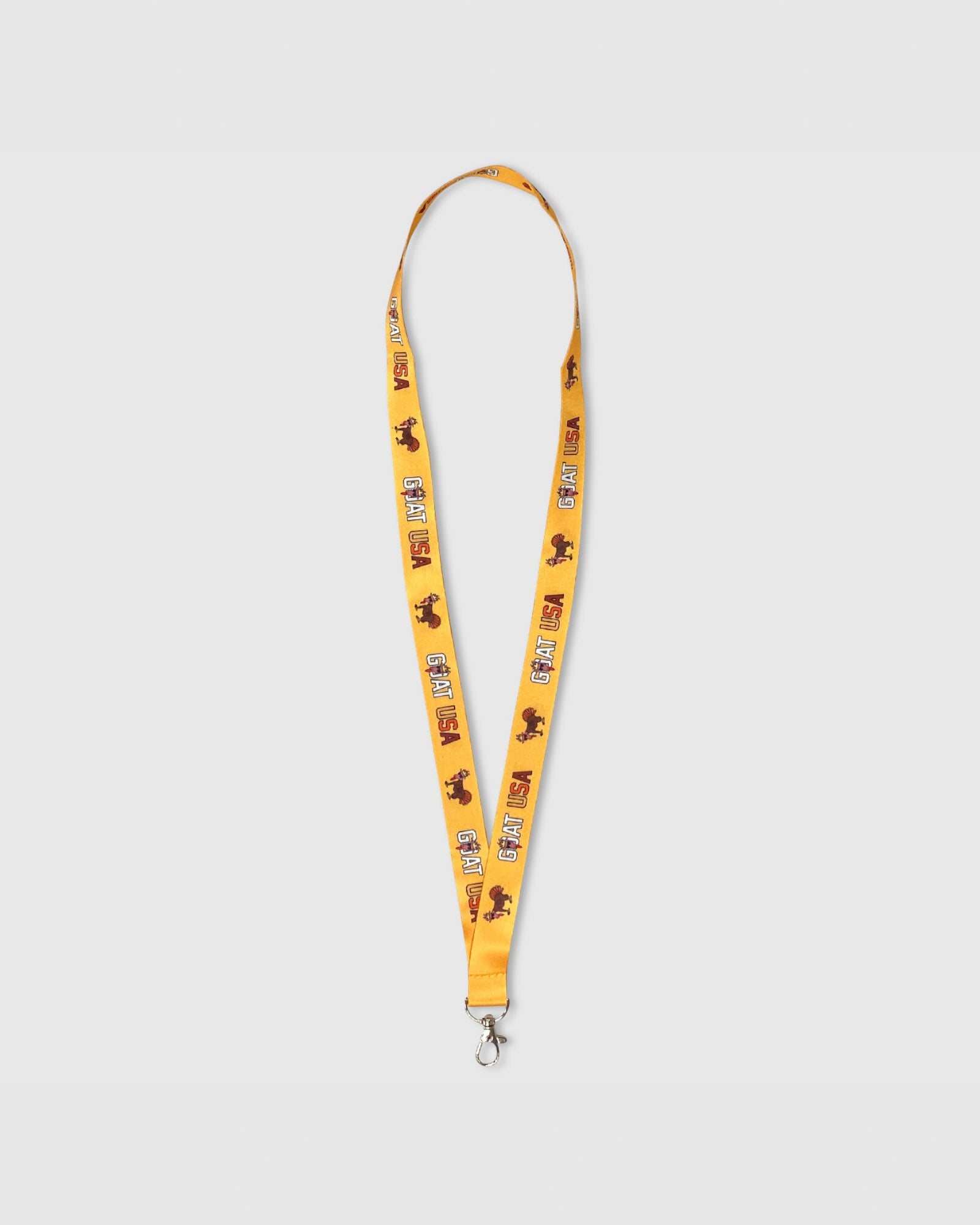 Yellow lanyard with cartoon character design on a light gray background