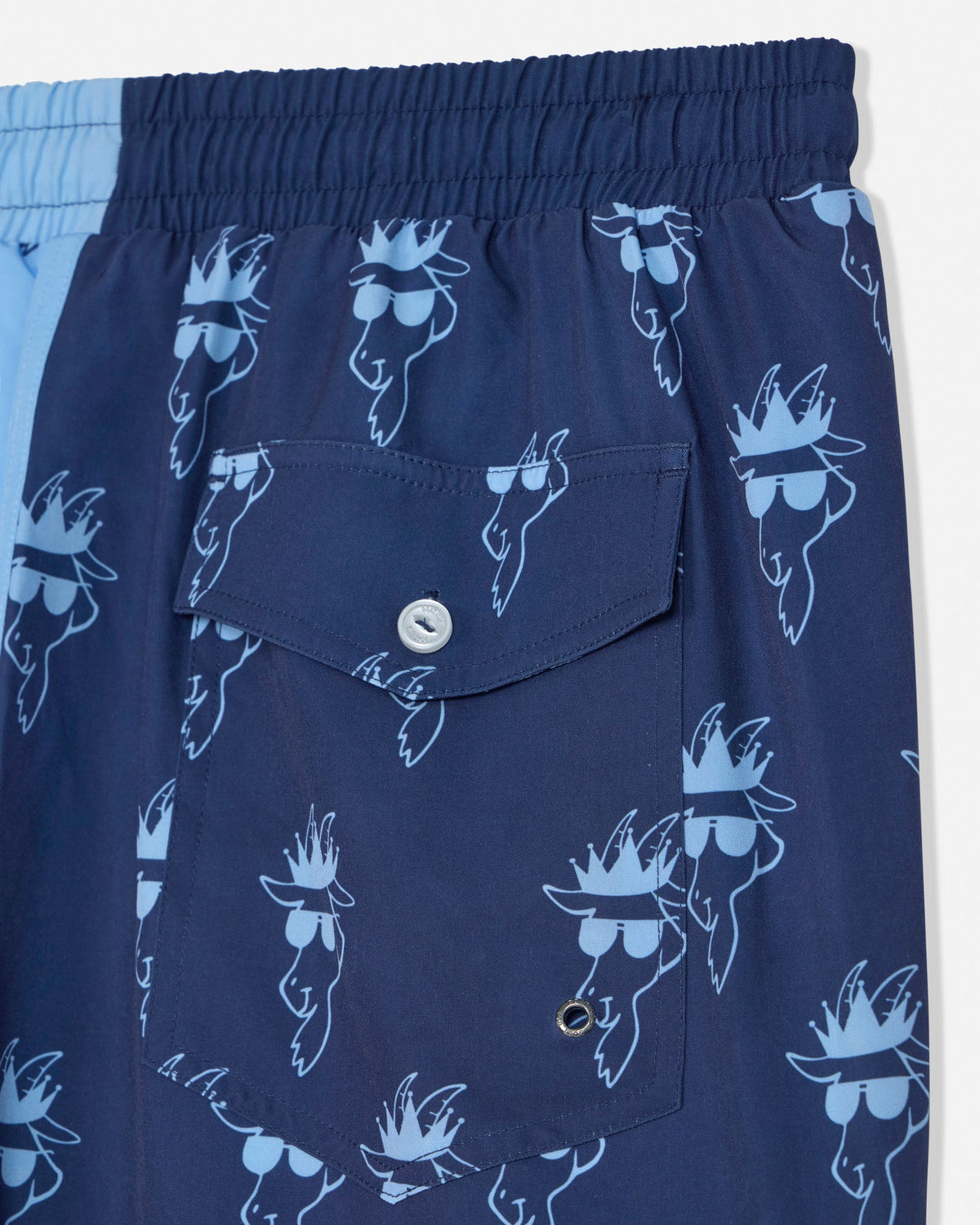 Navy blue swim shorts with graphic design on a white background