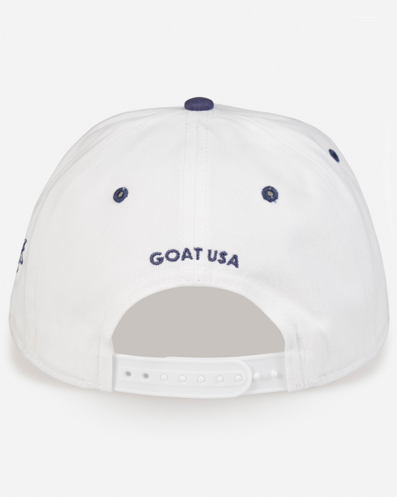 Back of white and navy hat