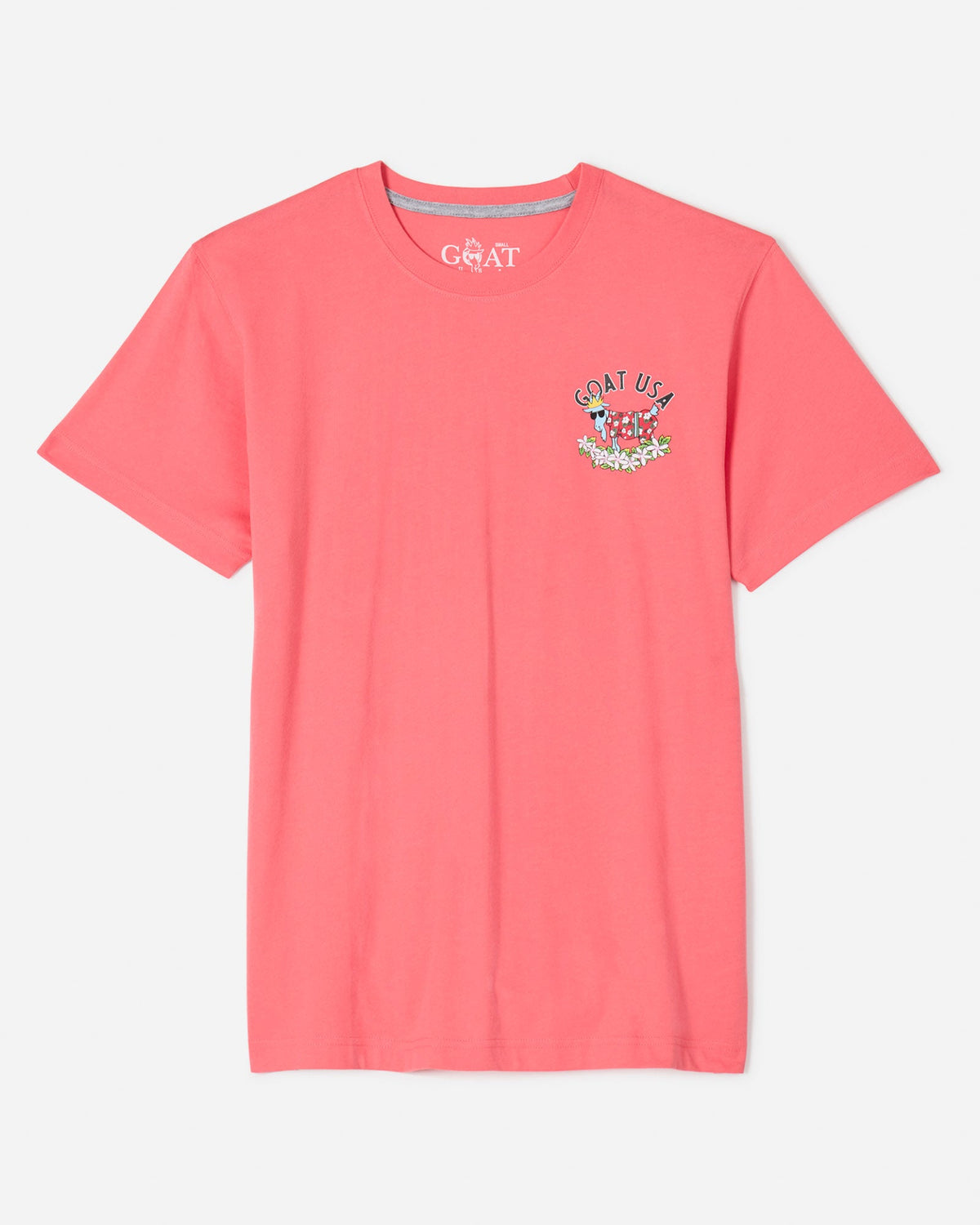 Front of salmon t-shirt with Chuck the vacation GOAT left-chest logo