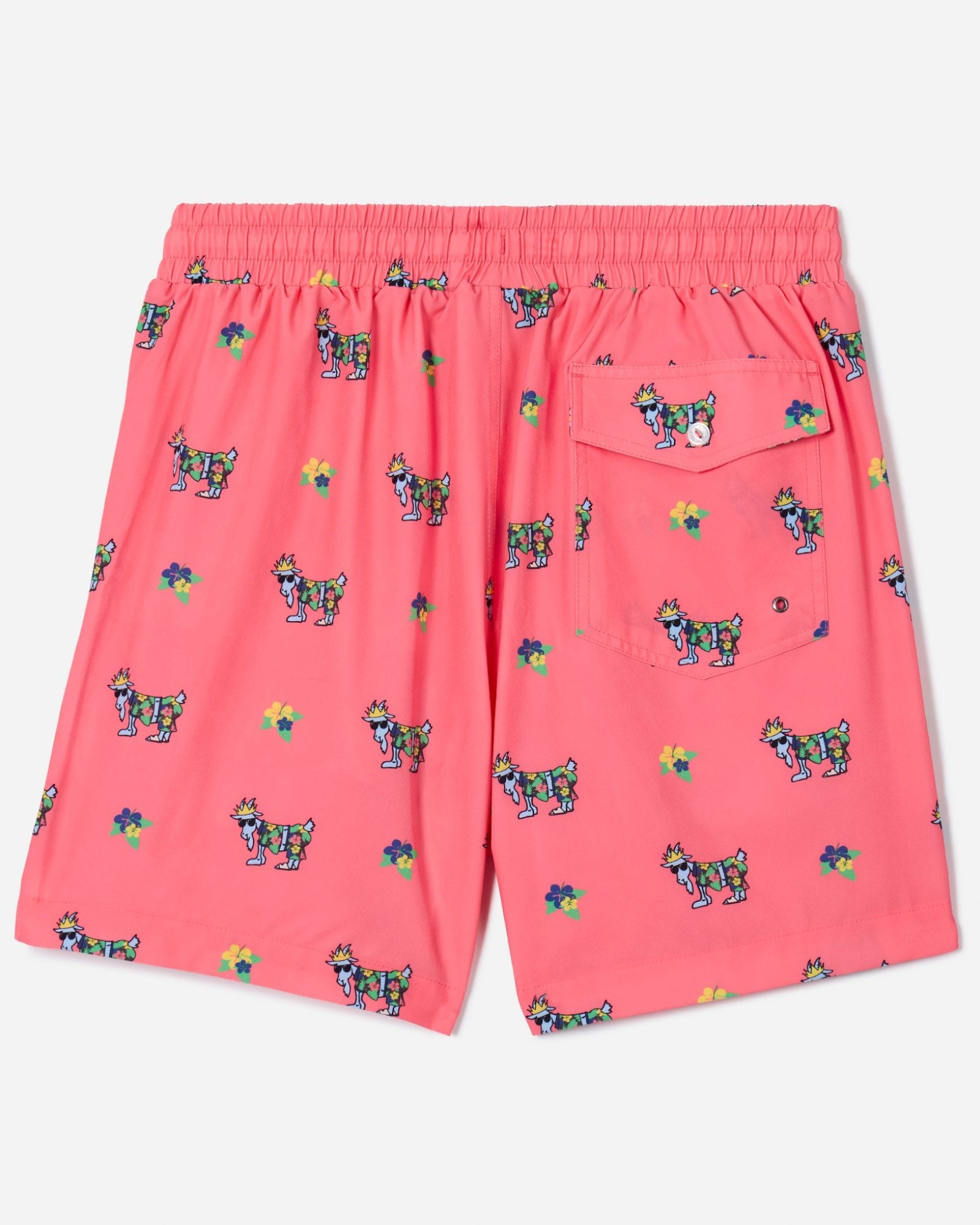 Back of salmon bathing suit with vacation GOAT design