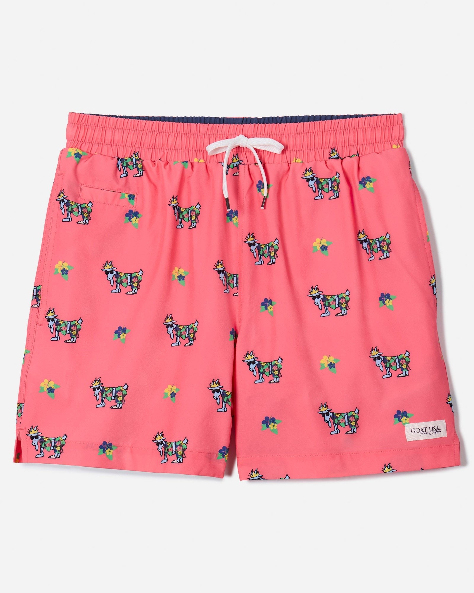 Front of salmon bathing suit with vacation GOAT design