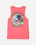 Back of salmon tank top with Chuck the vacation GOAT in a tropical paradise design