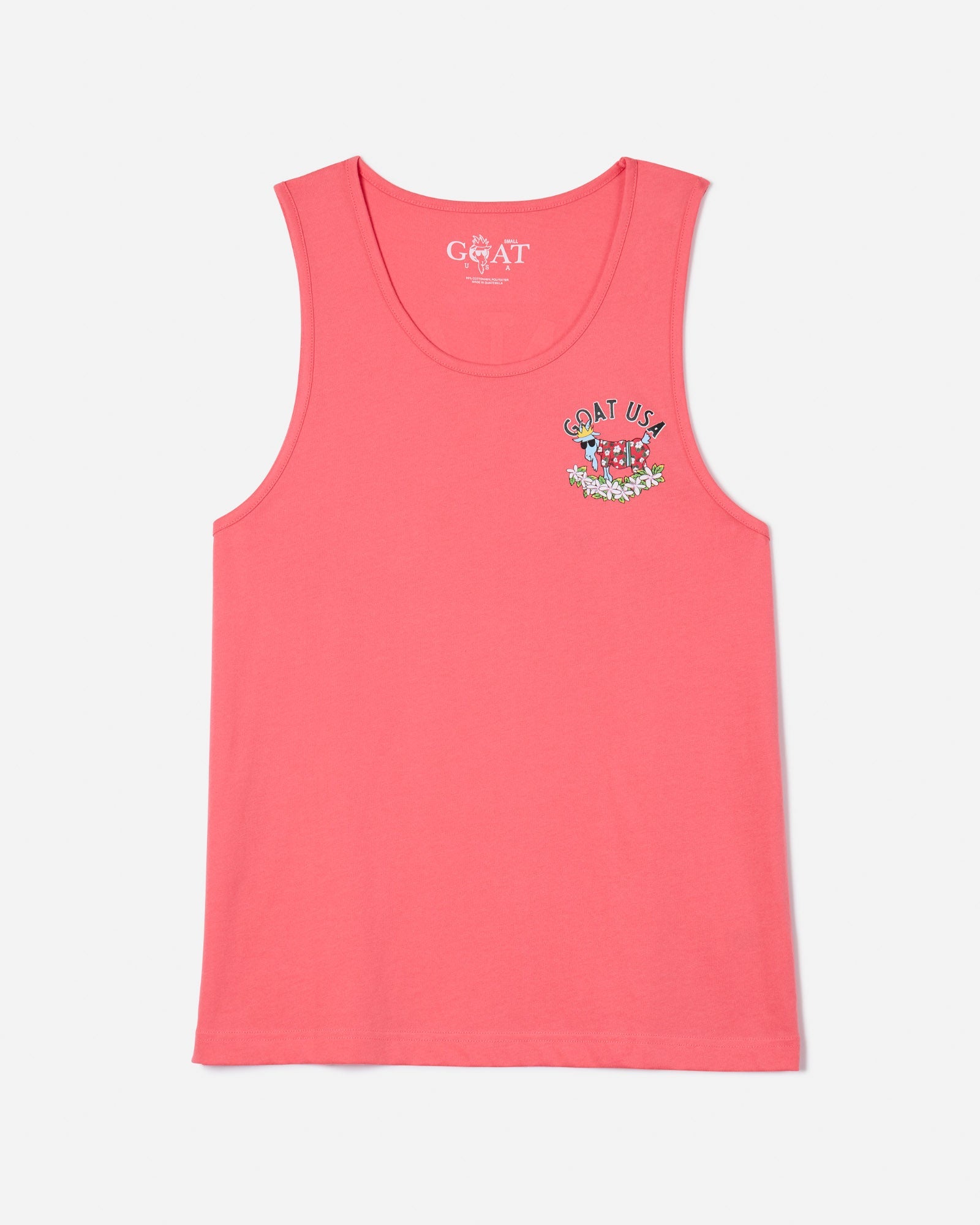 Front of salmon tank top with Chuck the vacation GOAT left-chest logo