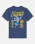 Blue t-shirt with volleyball-themed graphic and text on a white background