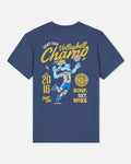 Blue t-shirt with volleyball-themed graphic and text on a white background