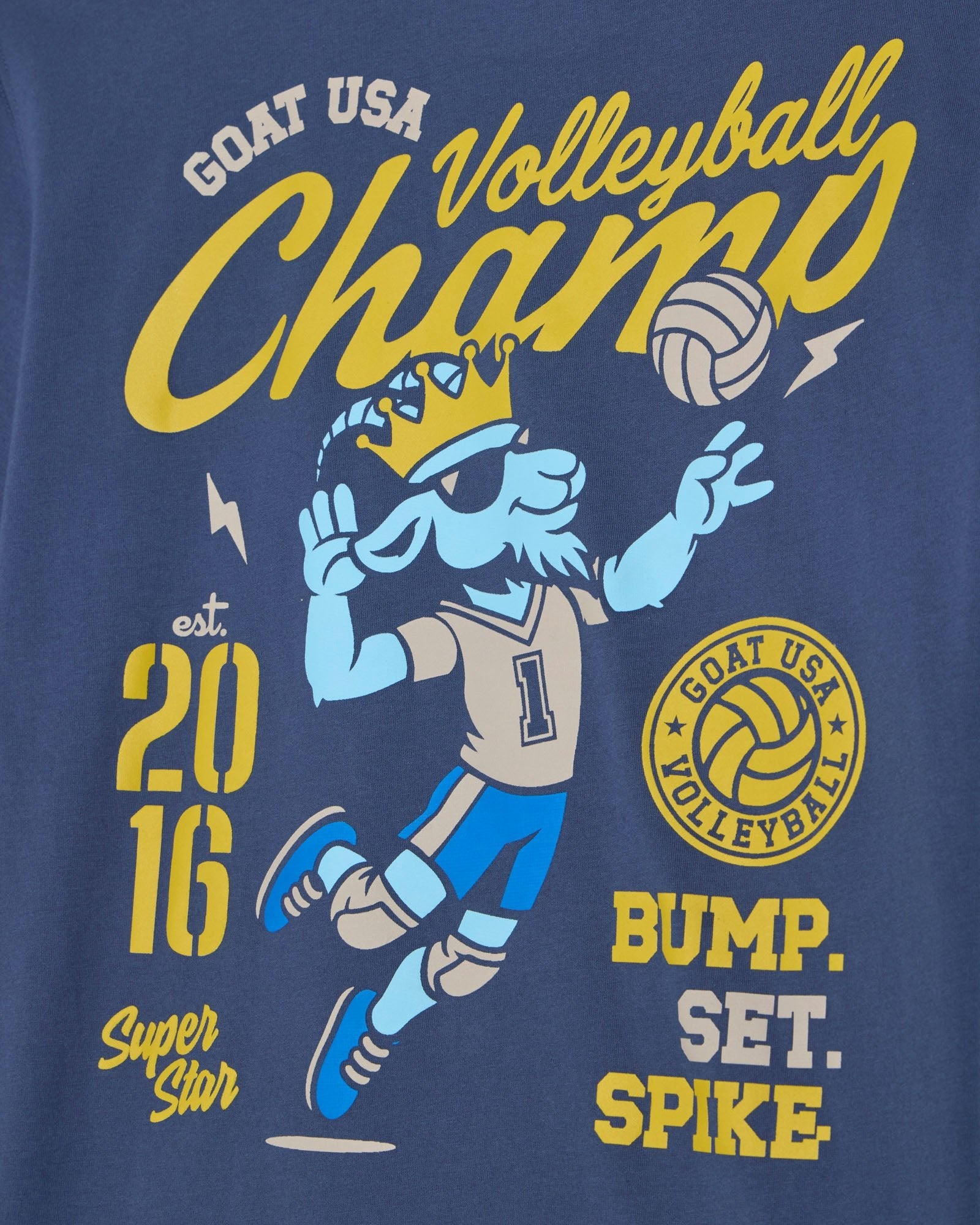 Navy blue t-shirt with yellow and blue graphics and text about a volleyball champion.