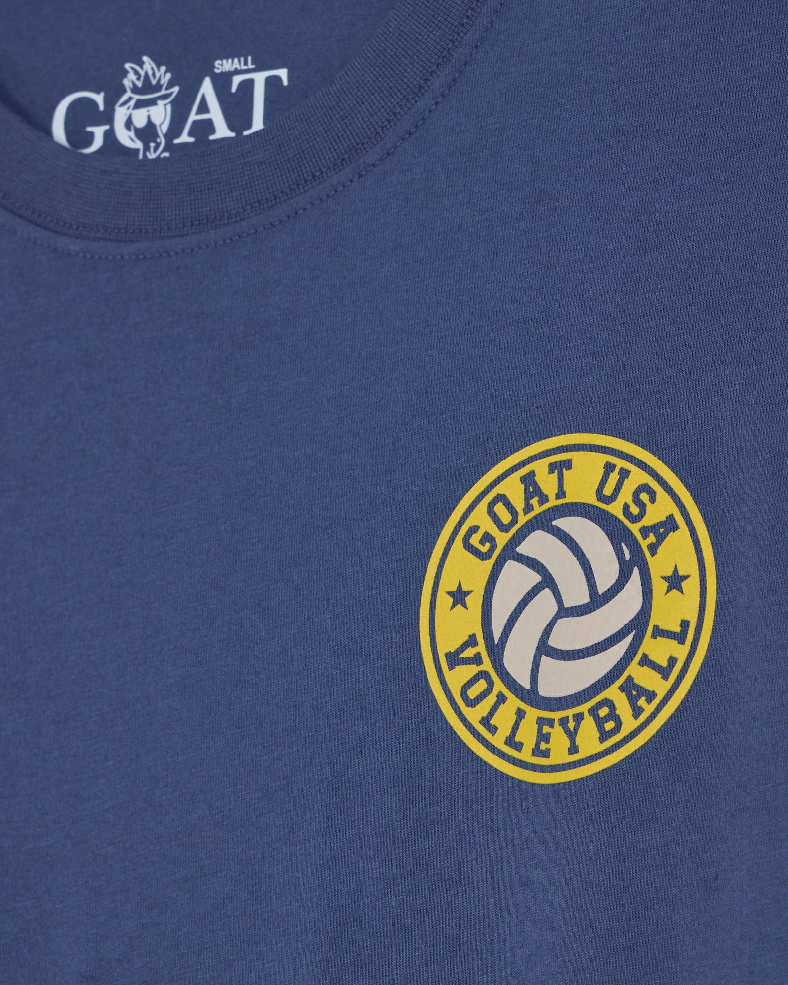 Blue t-shirt with 'GOAT USA Volleyball' logo on a blue background
