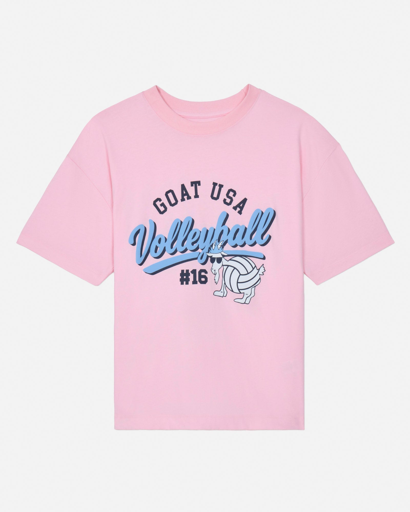 Pink t-shirt with 'GOAT USA Volleyball #16' text and graphic on a white background