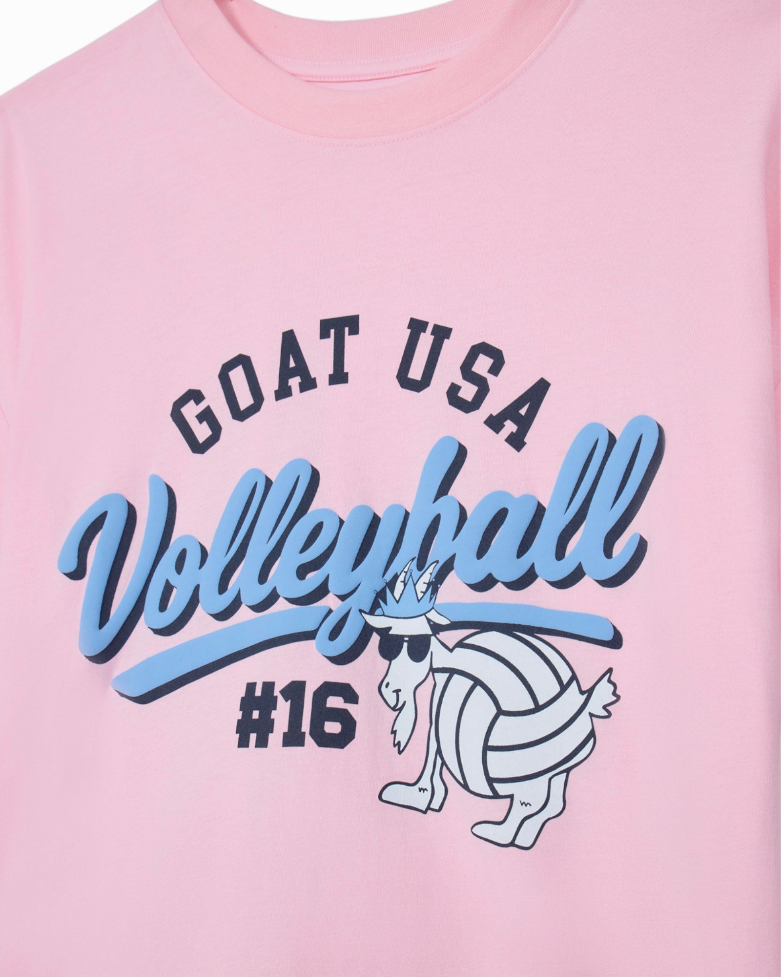Pink t-shirt with 'GOAT USA Volleyball #16' design featuring a goat and volleyball.