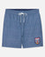 Blue patterned shorts with a logo on a white background