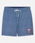 Blue patterned shorts with a logo on a white background