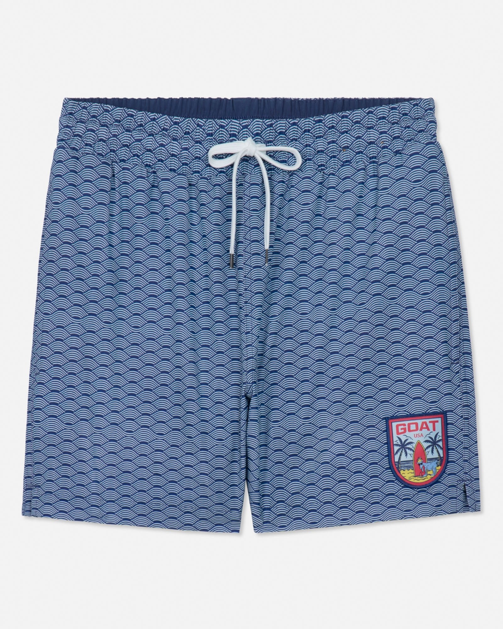 Blue patterned shorts with a logo on a white background