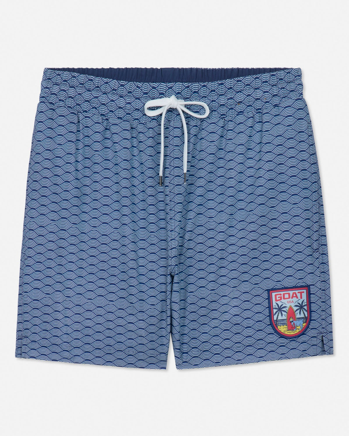 Blue patterned shorts with a logo on a white background