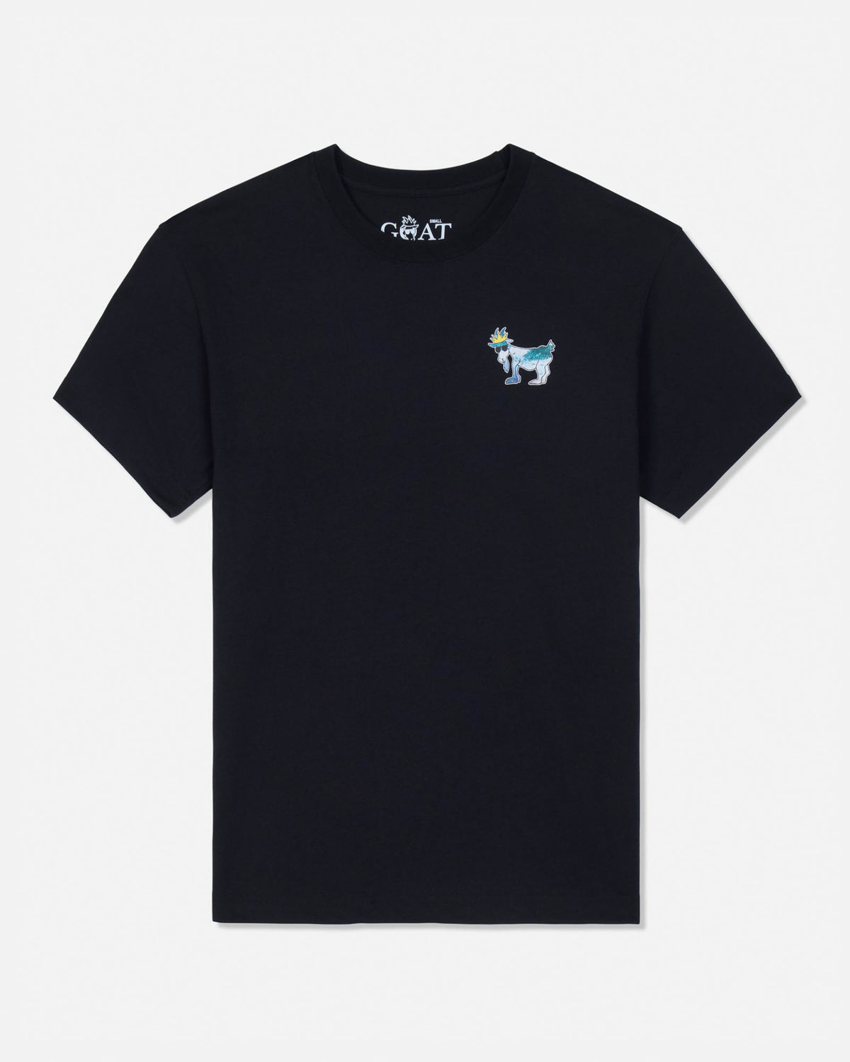 Black t-shirt with a small graphic on the chest against a white background