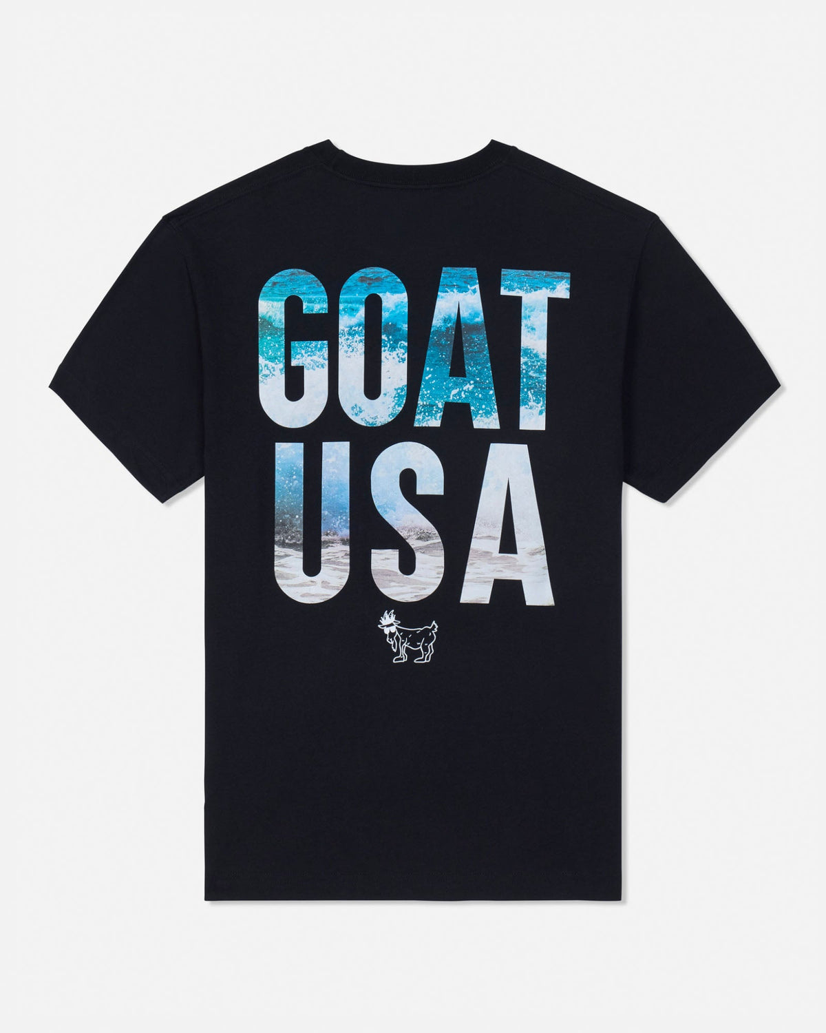 Black t-shirt with 'GOAT USA' text on a white background