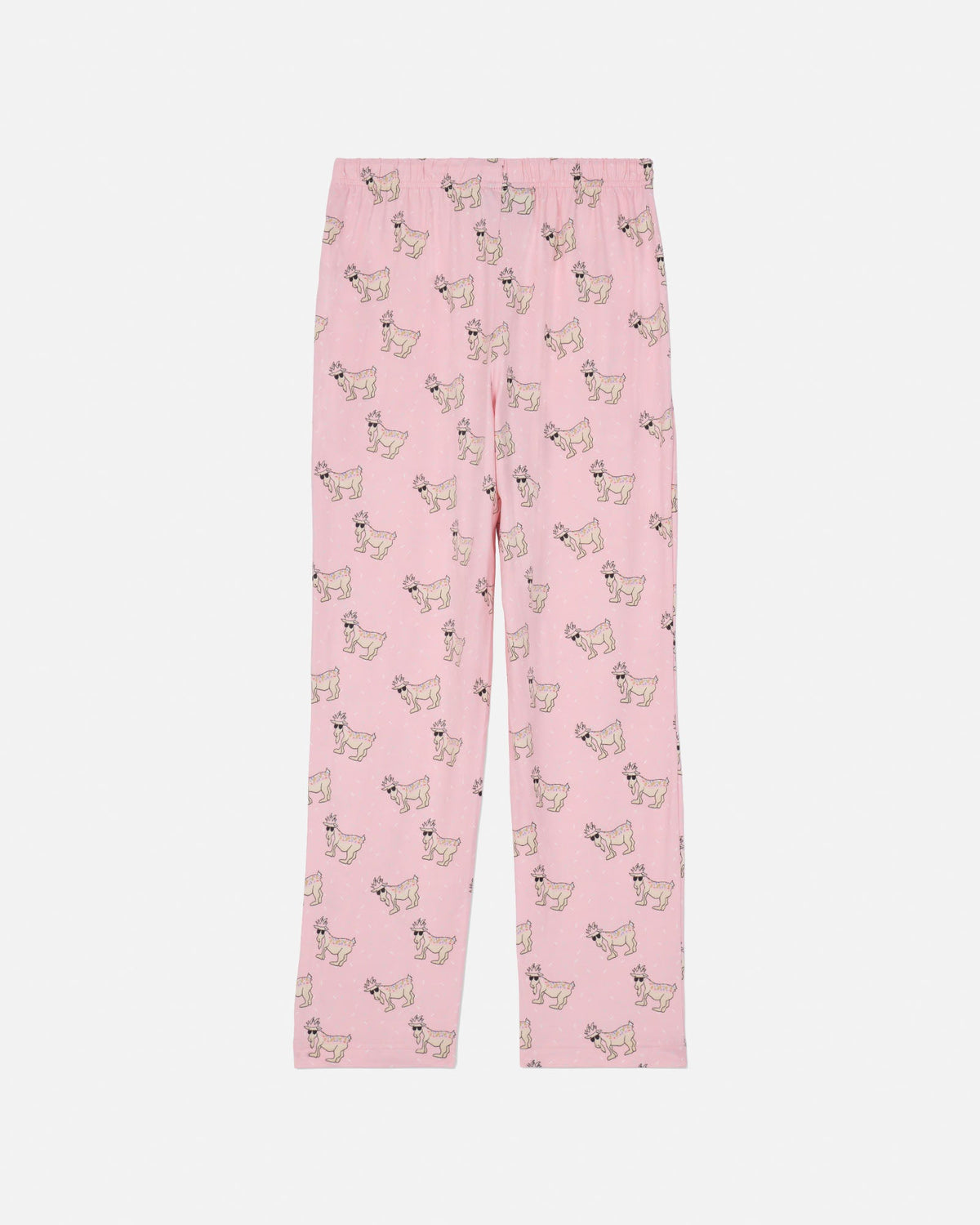 Pink lounge pants with an all-over repeating print of small cartoon goats, shown flat against a light gray background.