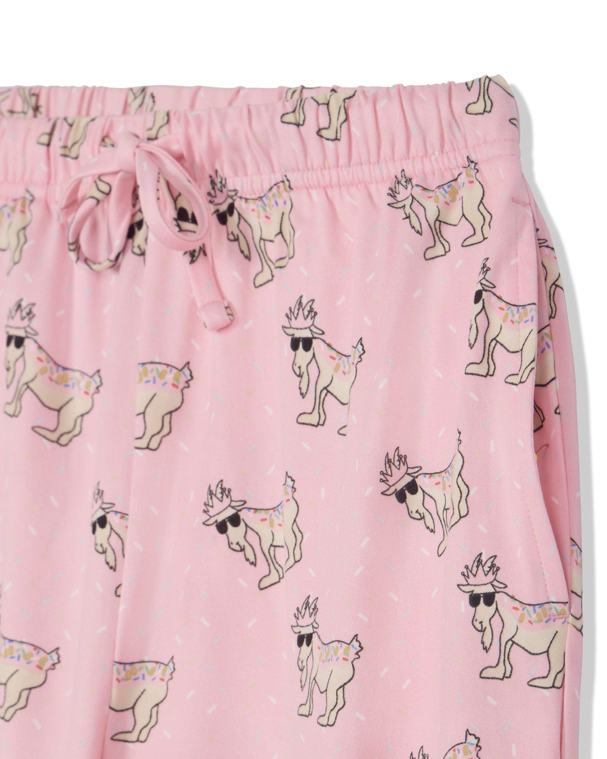 Pink lounge pants with an all-over print of cartoon goats wearing sunglasses, hats, and colorful outfits, featuring an elastic drawstring waistband.