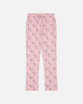 Pink pajama pants with an all-over print of small cartoon goats, shown flat against a light gray background.