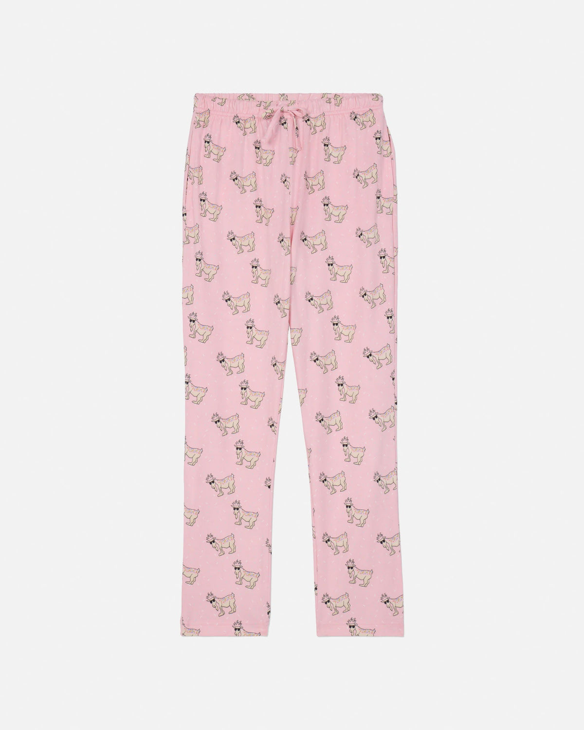 Pink pajama pants with an all-over print of small cartoon goats, shown flat against a light gray background.
