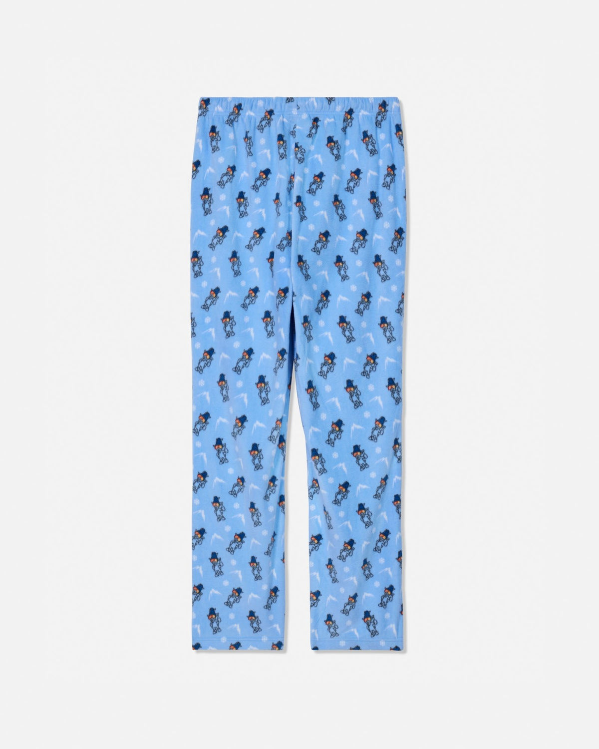 Light blue pajama pants with an all-over repeating print of cartoon characters in dark blue and white, shown flat against a light gray background.