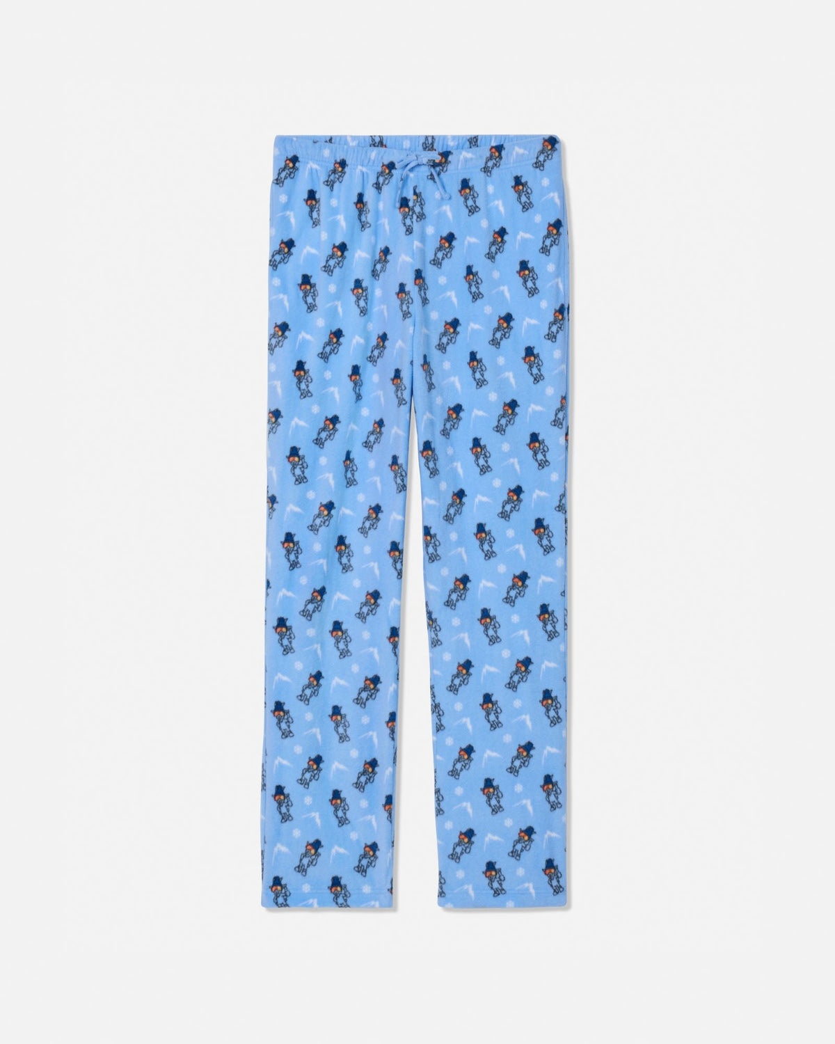 Light blue pajama pants with an all-over repeating pattern of small cartoon goats and white mountain peaks, shown flat against a light gray background.