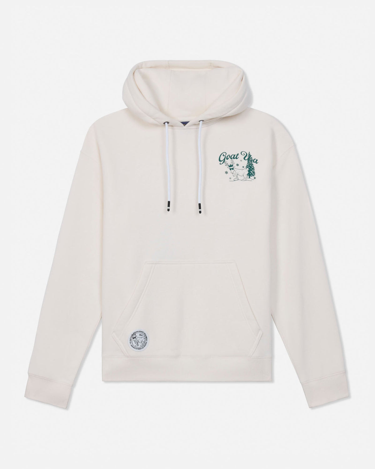 An off-white hooded sweatshirt with white drawstrings, a front kangaroo pocket, and a small green graphic on the left chest reading 'GOAT USA'. A small circular patch is visible on the lower left front.