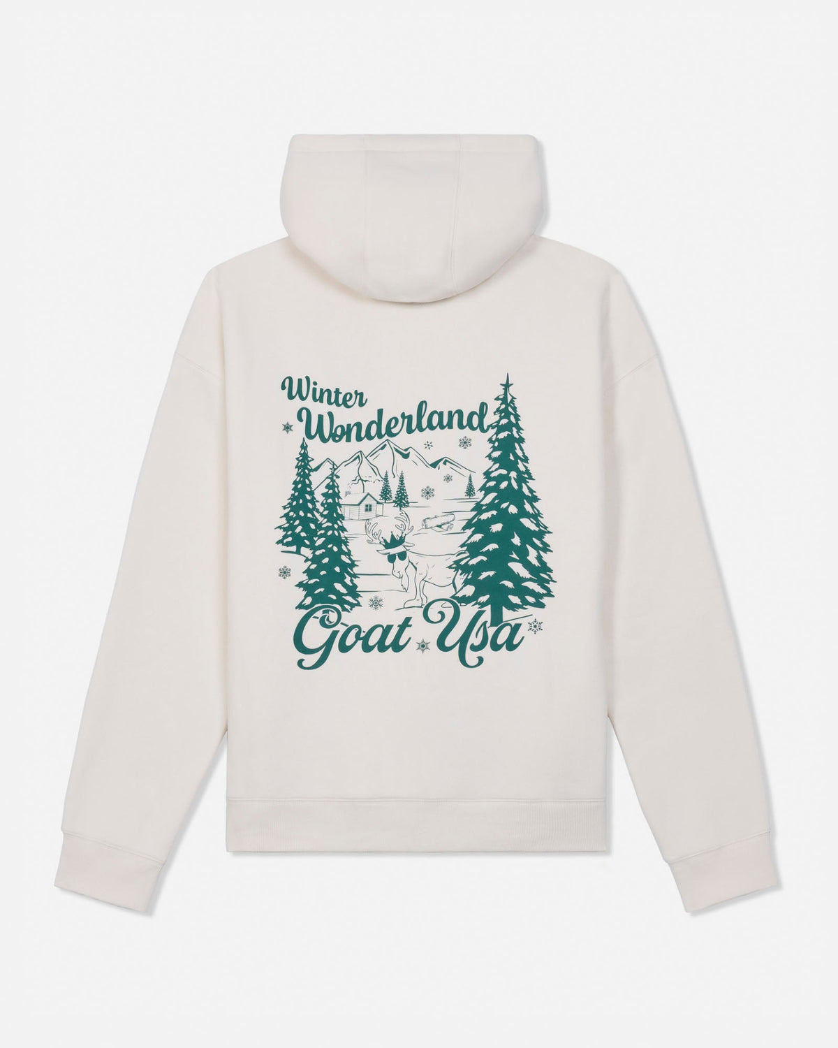 An off-white hooded sweatshirt shown from the back, featuring a dark teal graphic print of pine trees, mountains, and the text 'Winter Wonderland Goat Usa'.