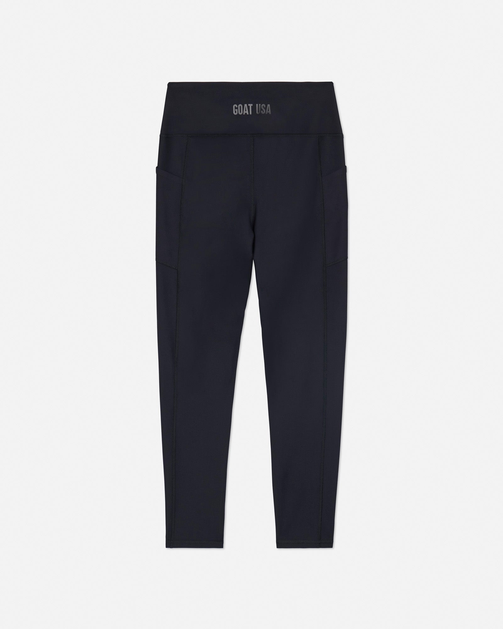 Black leggings with a brand logo on a light gray background