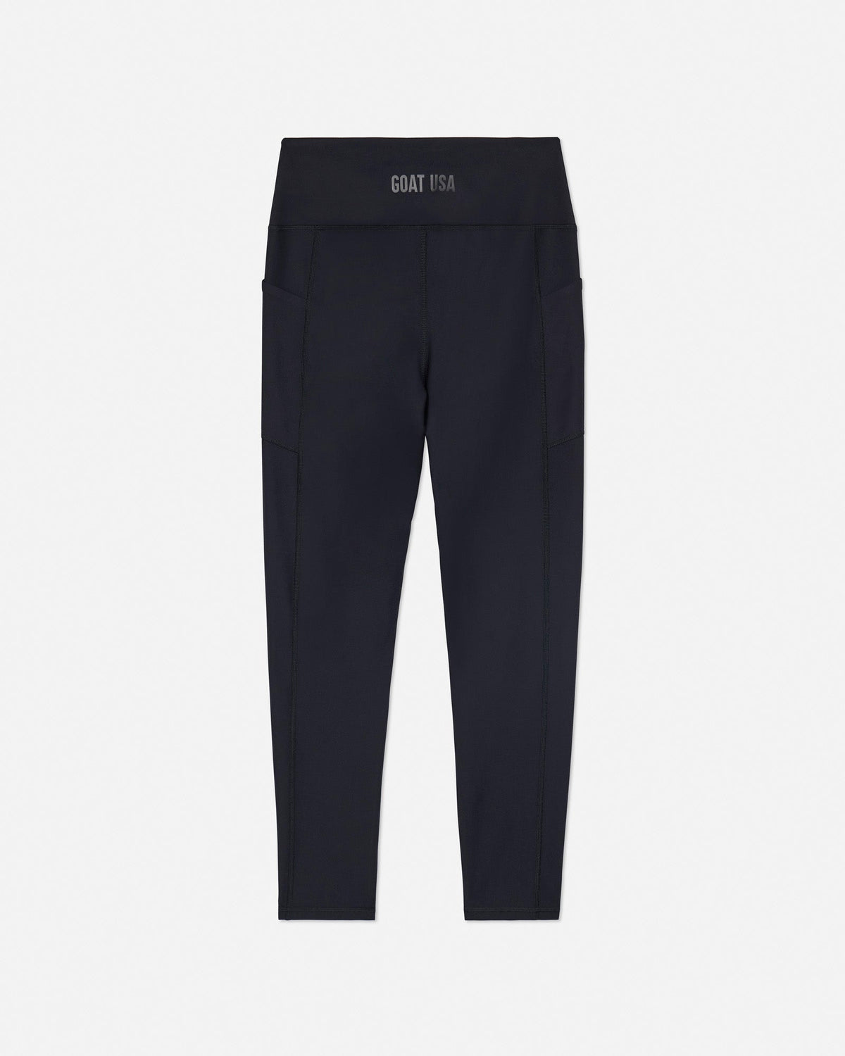 Black leggings with a brand logo on a light gray background