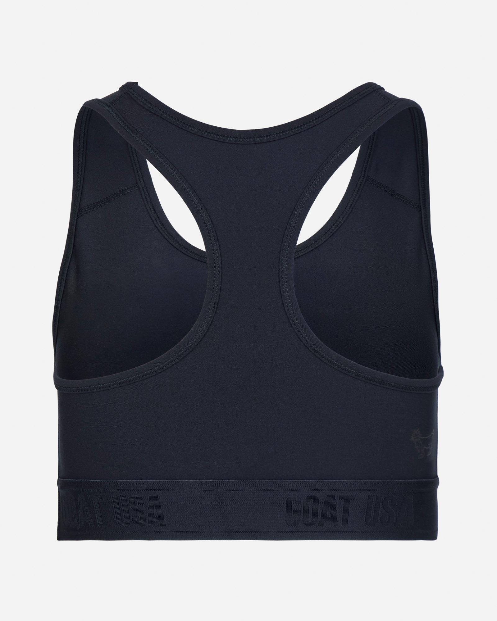 Black sports bra with 'GOAT USA' branding on a light gray background