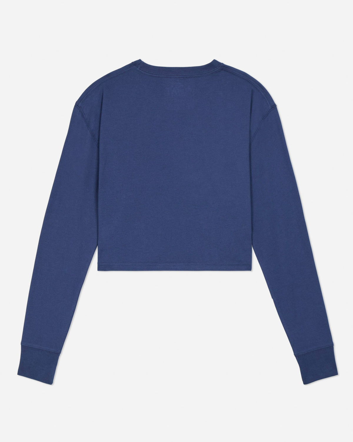Blue long-sleeve shirt on a light gray background