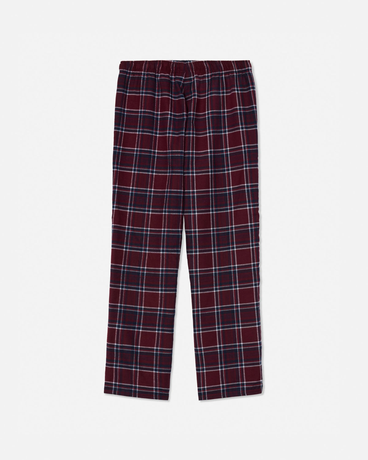 Maroon plaid pajama pants on a white background