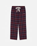 Maroon and navy plaid lounge pants with a white drawstring, shown flat against a light gray background.