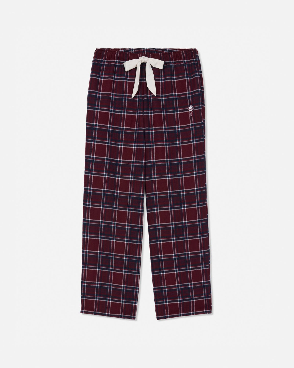 Maroon and navy plaid lounge pants with a white drawstring, shown flat against a light gray background.