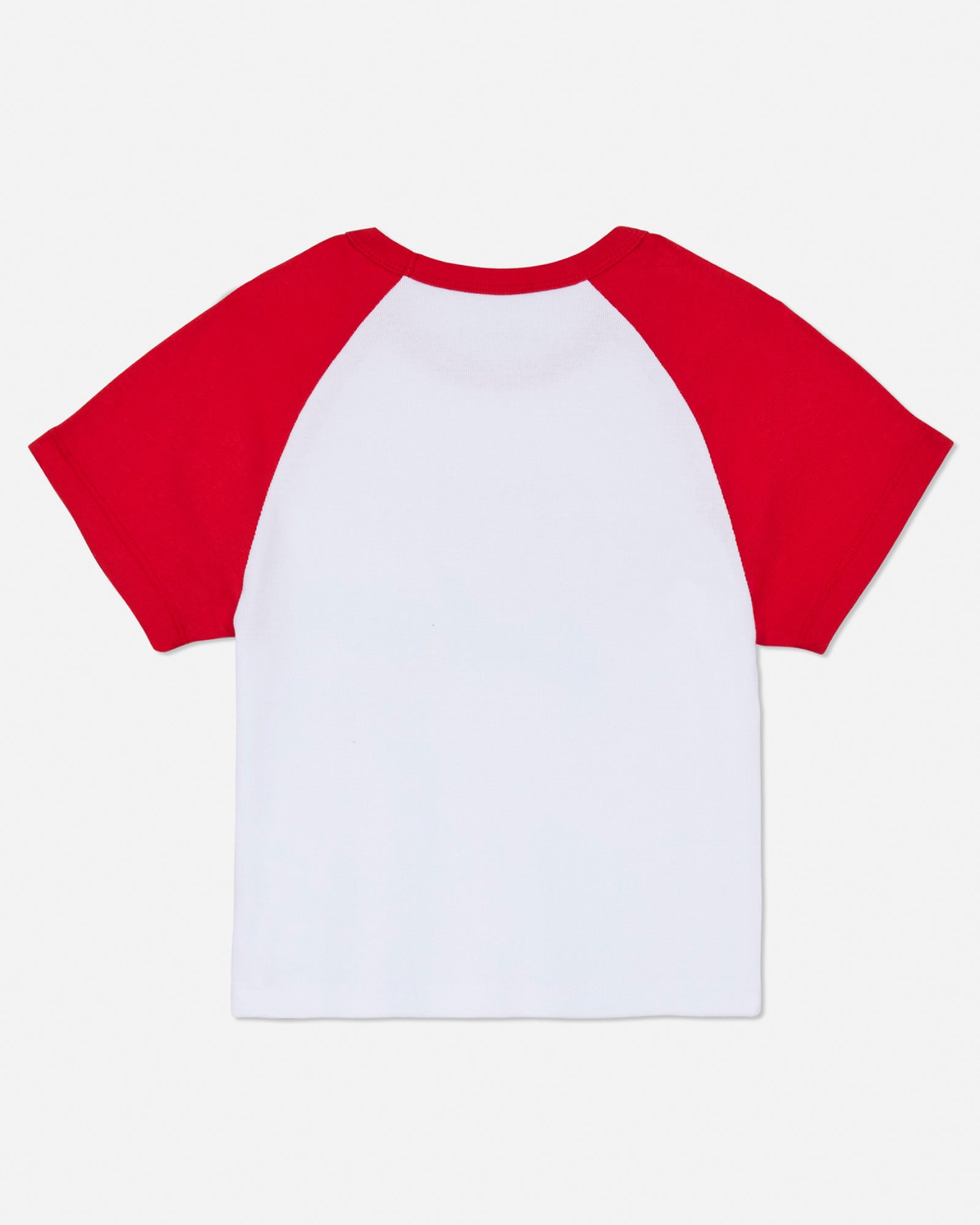 Back of red and white baby tee