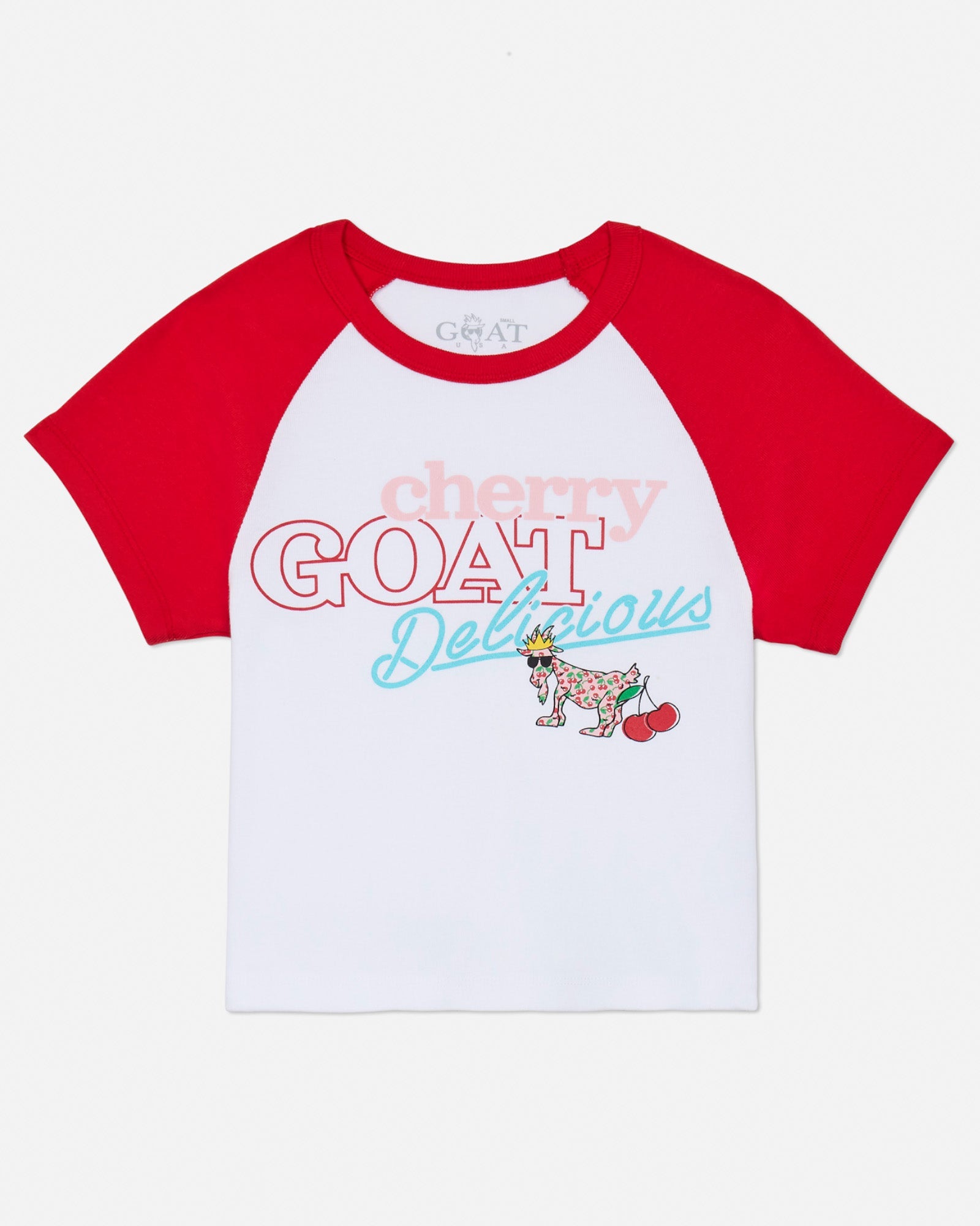 Front of red and white baby tee with a cherry goat graphic