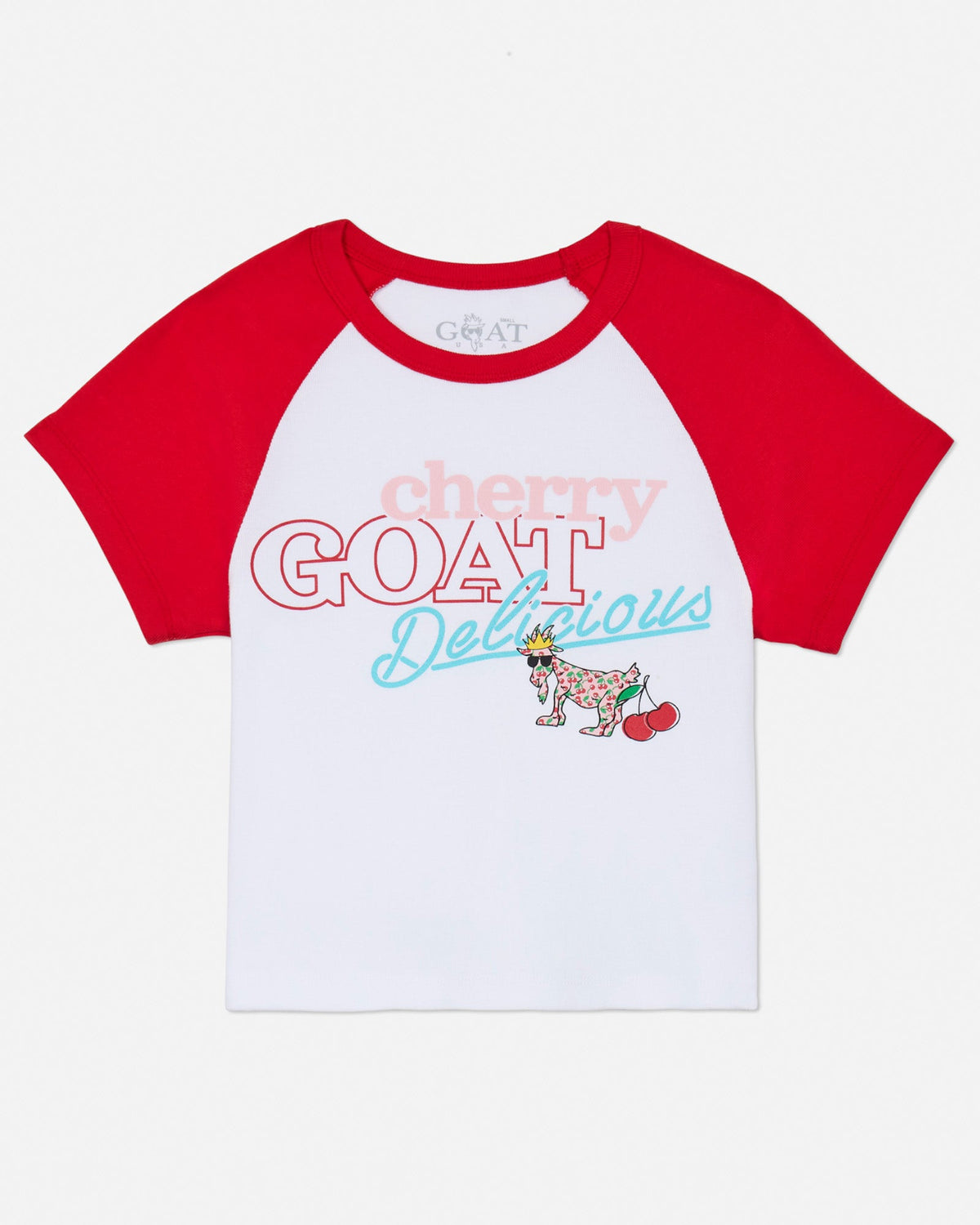 Front of red and white baby tee with a cherry goat graphic